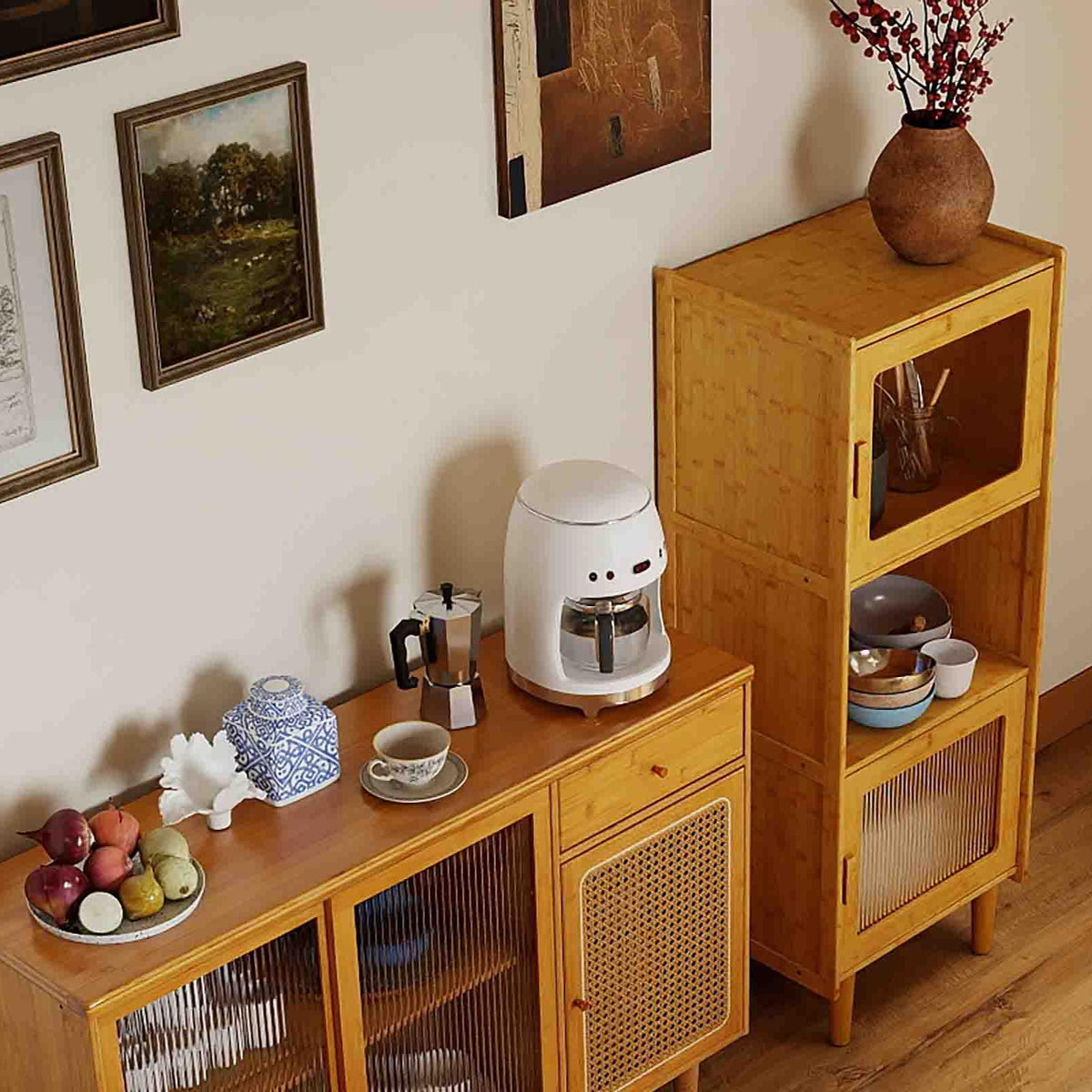 3-Piece Modern Dining Room Set: Wooden Dining Chairs + Bamboo Sideboard Cabinet + Tall Storage Cabinet, Natural Kitchen & Dining at Gallery Canada