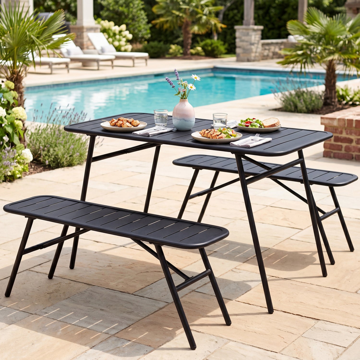 3-Piece Outdoor Dining Set with Coffee Table, 2 Benches, Black Patio Dining Sets at Gallery Canada