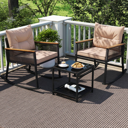 Outdoor PE Rattan Rocking Bistro Set, 2-Tier Coffee Table, Brown
