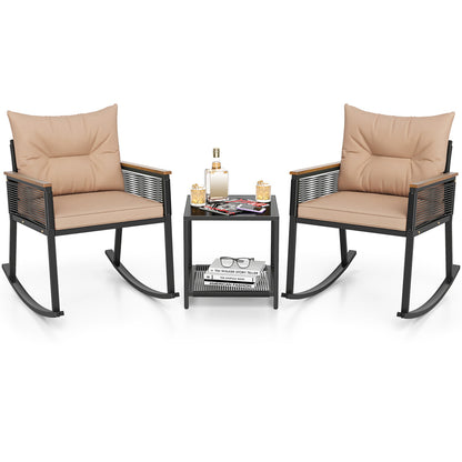 Outdoor PE Rattan Rocking Bistro Set, 2-Tier Coffee Table, Brown