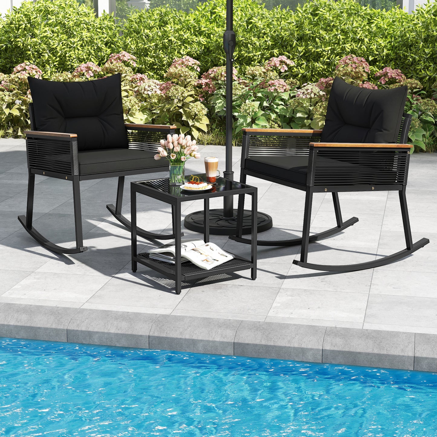 3-Piece Outdoor Rattan Bistro Set, Black