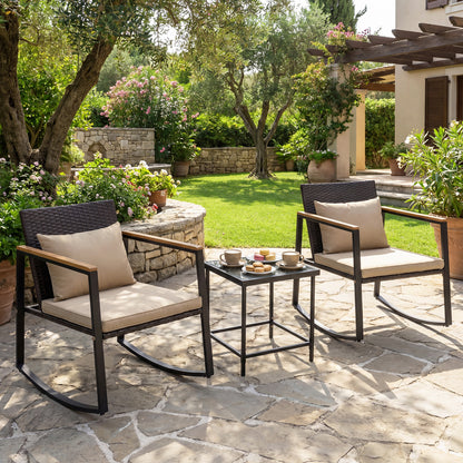 3-Piece Outdoor Rocking Bistro Set with Soft Cushions & Tempered Glass Table-Brown & Black Patio Furniture Sets at Gallery Canada