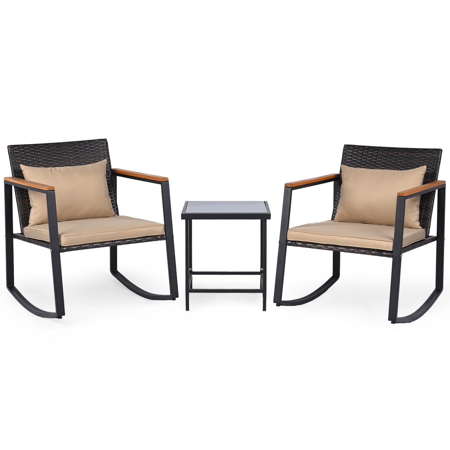 3-Piece Outdoor Rocking Bistro Set with Soft Cushions & Tempered Glass Table-Brown & Black Patio Furniture Sets Mixed Brown + Brown + Black/Brown + Black/Black at Gallery Canada