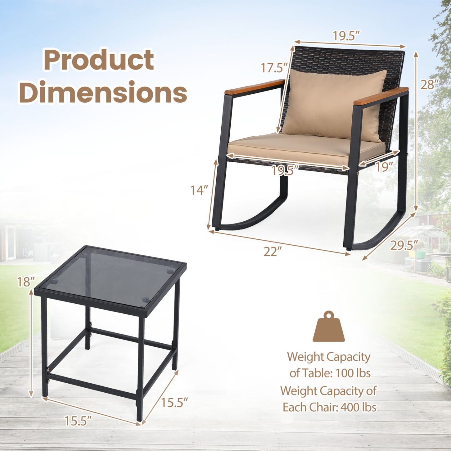 3-Piece Outdoor Rocking Bistro Set with Soft Cushions & Tempered Glass Table-Brown & Black Patio Furniture Sets at Gallery Canada