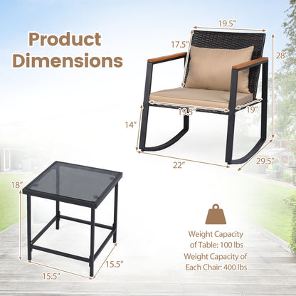 3-Piece Outdoor Rocking Bistro Set with Soft Cushions & Tempered Glass Table-Brown & Black Patio Furniture Sets at Gallery Canada