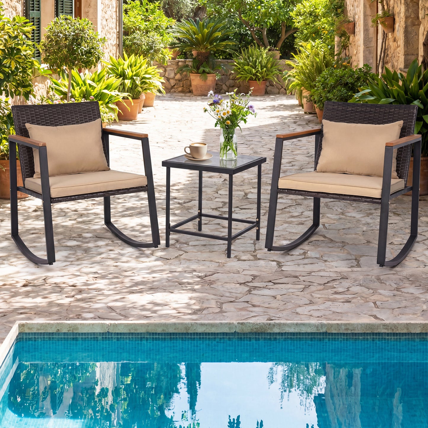 3-Piece Outdoor Rocking Bistro Set with Soft Cushions & Tempered Glass Table-Brown & Black Patio Furniture Sets at Gallery Canada