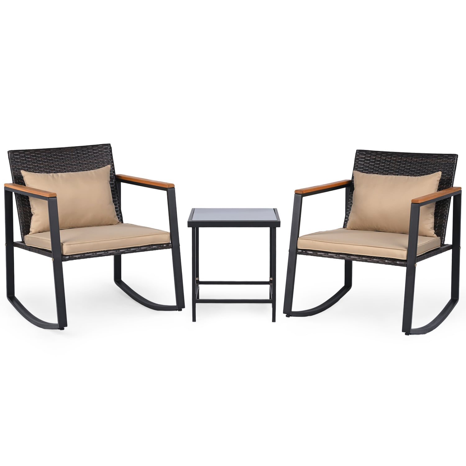 3-Piece Outdoor Rocking Bistro Set with Soft Cushions & Tempered Glass Table, Brown Patio Furniture Sets at Gallery Canada