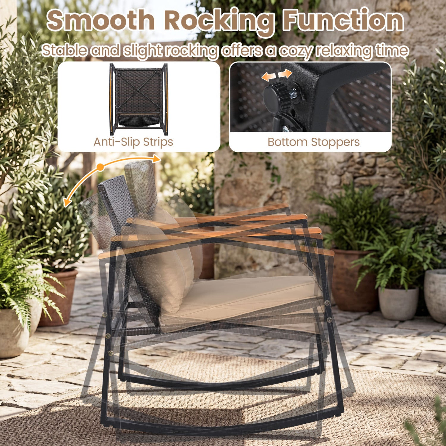 3-Piece Outdoor Rocking Bistro Set with Soft Cushions & Tempered Glass Table, Brown Patio Furniture Sets at Gallery Canada