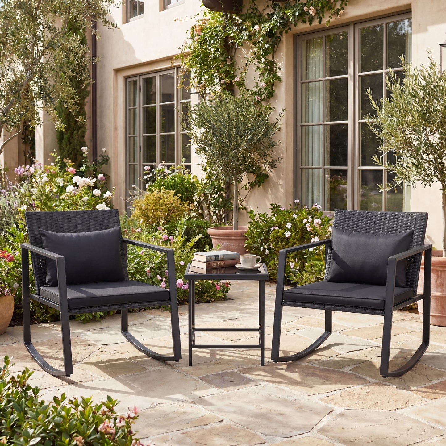 3-Piece Outdoor Rocking Bistro Set with Soft Cushions & Tempered Glass Table-Dark, Black Patio Furniture Sets at Gallery Canada
