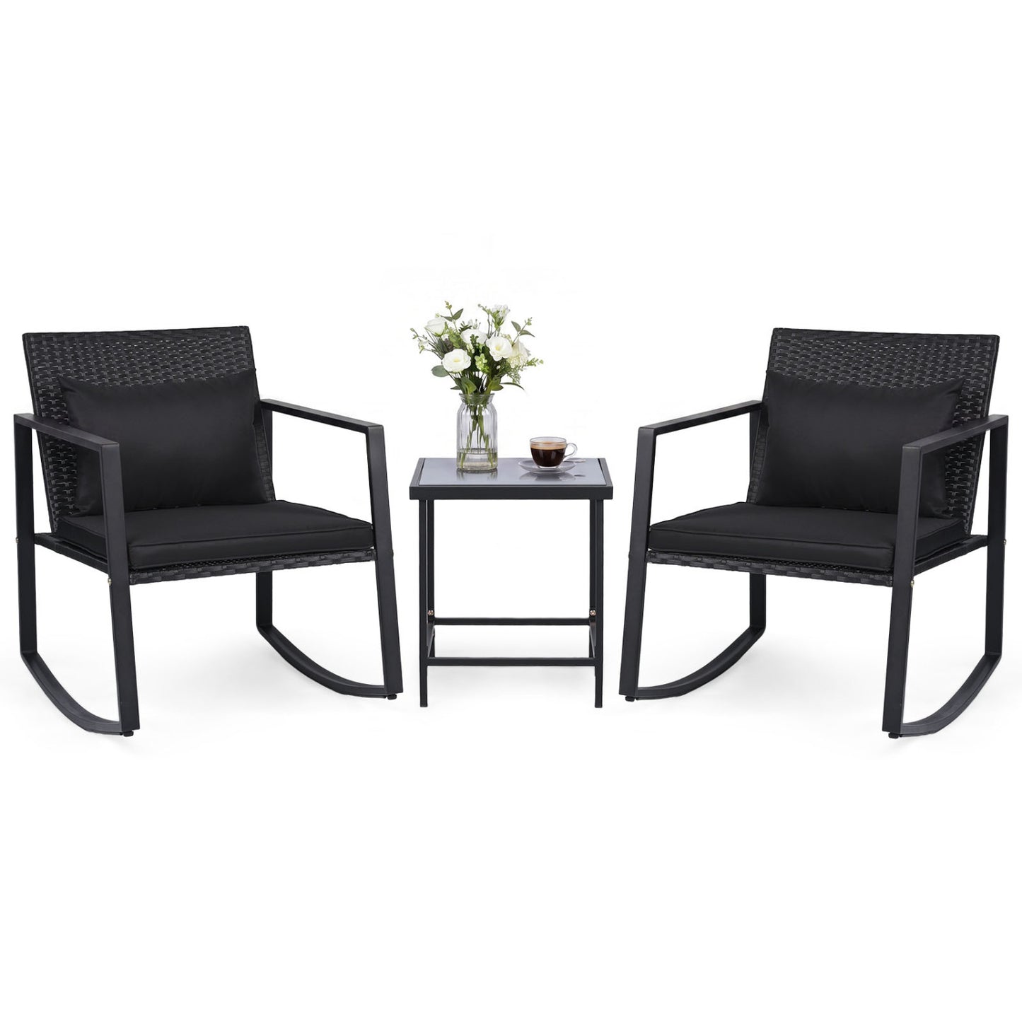 3-Piece Outdoor Rocking Bistro Set with Soft Cushions & Tempered Glass Table-Dark, Black Patio Furniture Sets at Gallery Canada