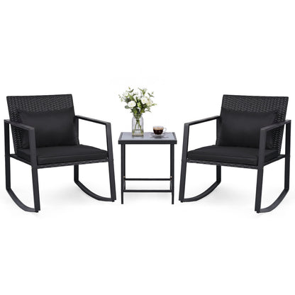3-Piece Outdoor Rocking Bistro Set with Soft Cushions & Tempered Glass Table-Dark, Black Patio Furniture Sets at Gallery Canada
