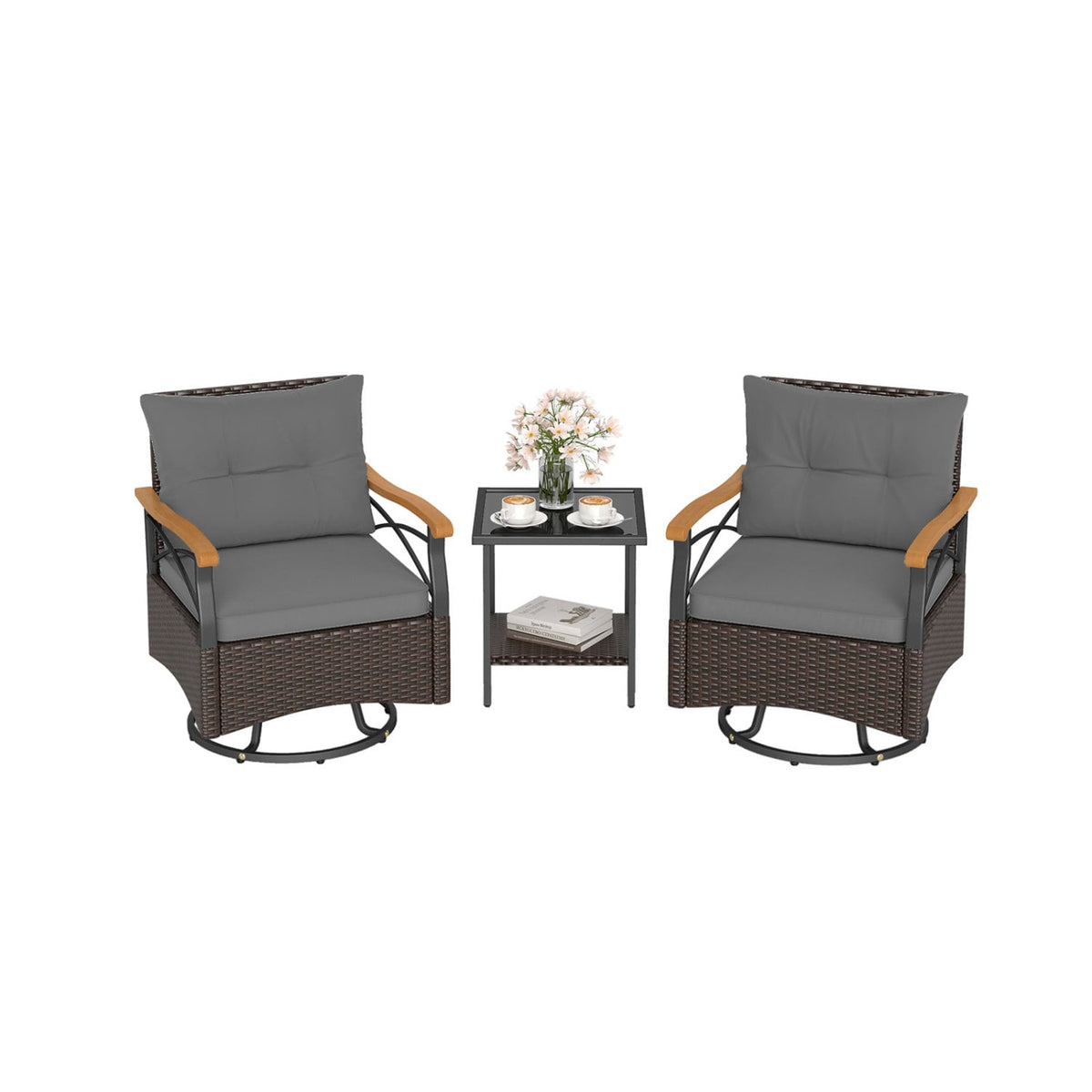 Outdoor Swivel Chair Set, 3 Piece, With Tempered Glass Side Table, Gray Patio Conversation Sets Gray at Gallery Canada