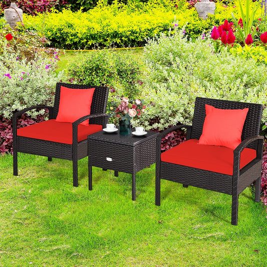 3 Piece PE Rattan Wicker Sofa Set, Patio, Red Patio Conversation Sets Red at Gallery Canada