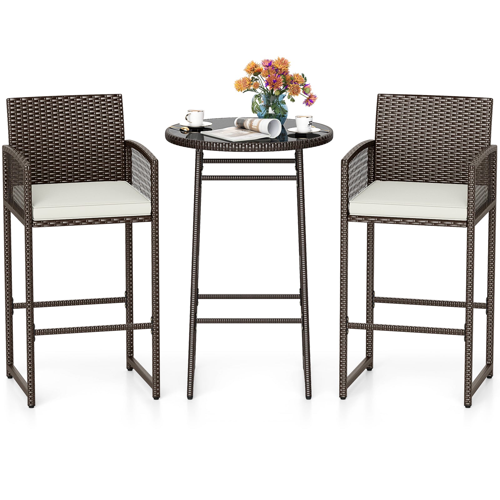 3 Piece Patio Bar Set, Wicker Bar Height Table And Armchairs, White Patio Bar Furniture at Gallery Canada
