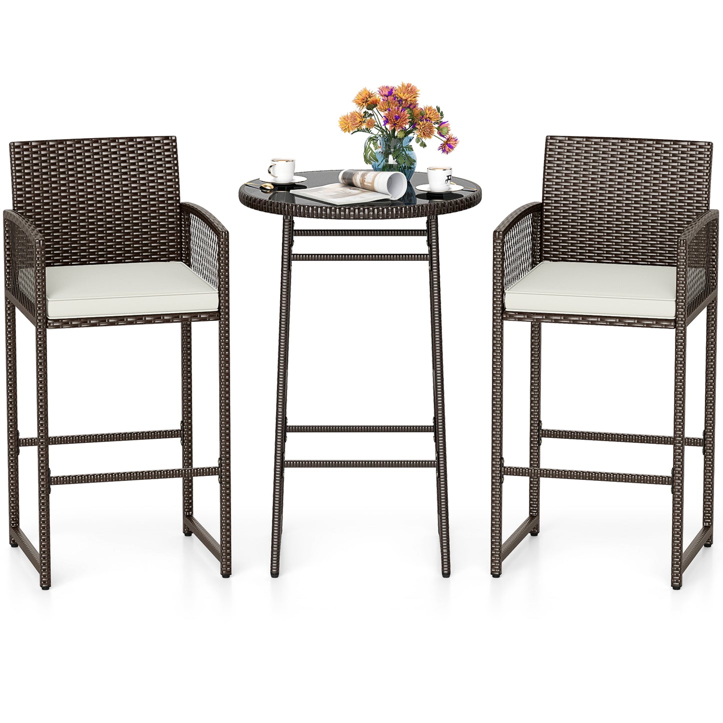 3 Piece Patio Bar Set, Wicker Bar Height Table And Armchairs, White Patio Bar Furniture at Gallery Canada
