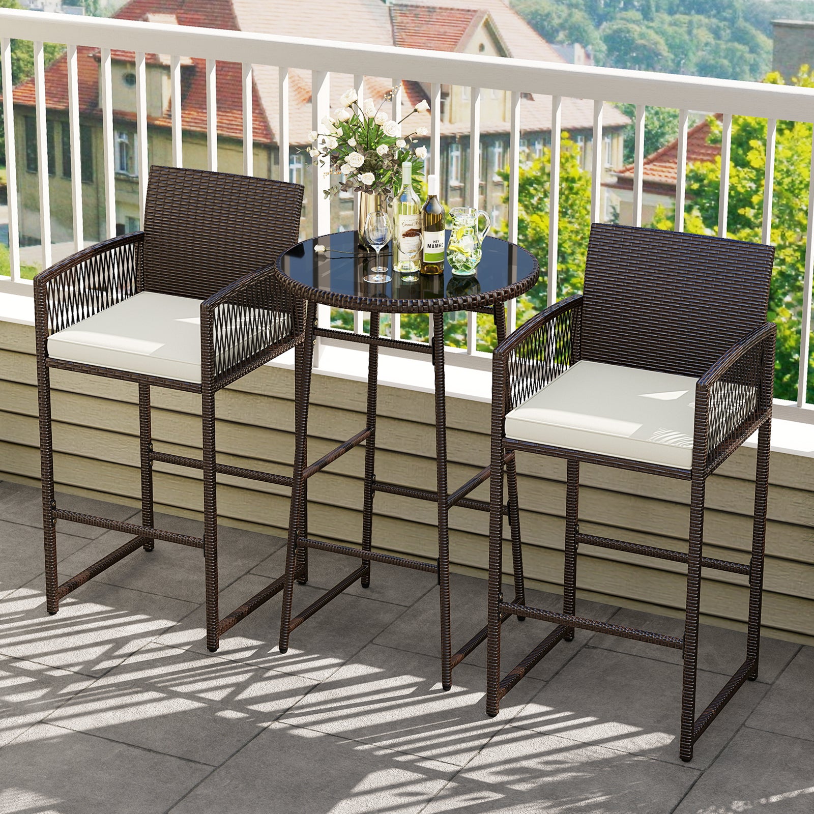 3 Piece Patio Bar Set, Wicker Bar Height Table And Armchairs, White Patio Bar Furniture at Gallery Canada