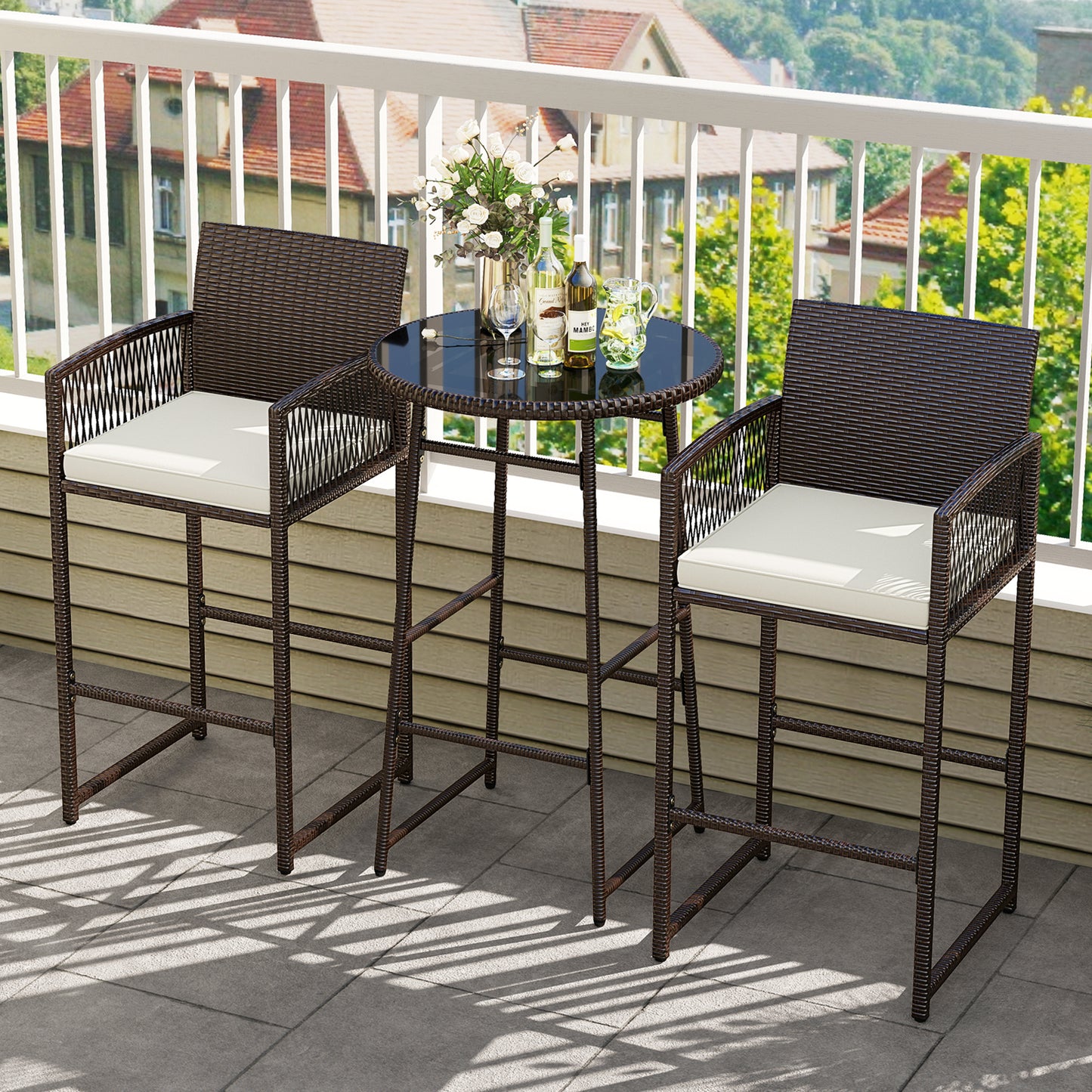 3 Piece Patio Bar Set, Wicker Bar Height Table And Armchairs, White Patio Bar Furniture at Gallery Canada