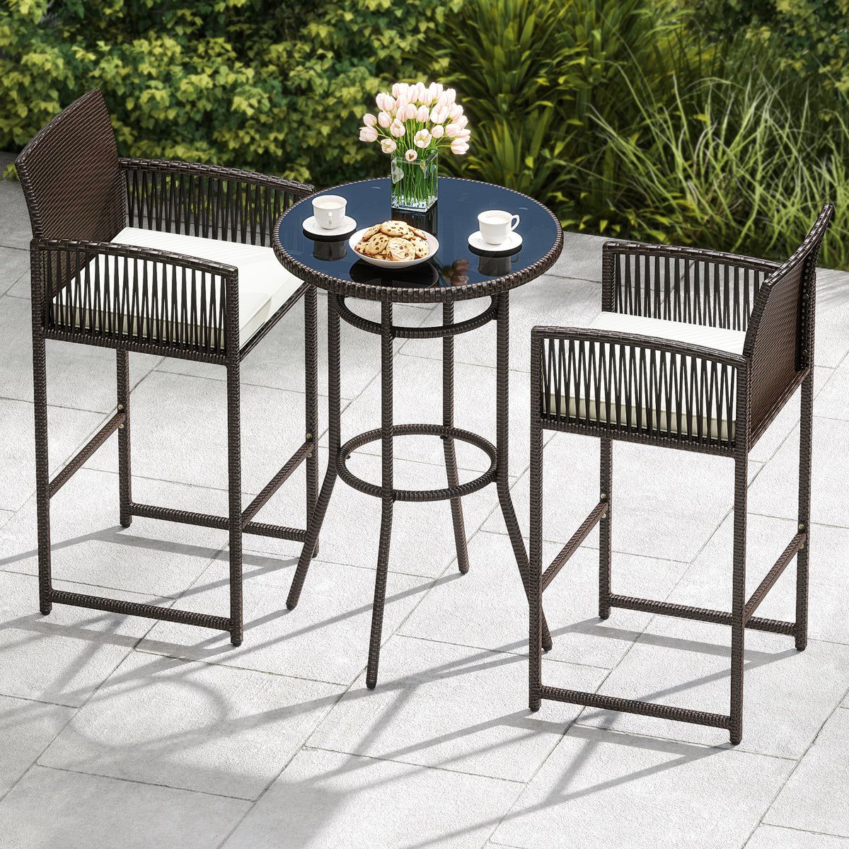 3 Piece Patio Bar Set, Wicker Bar Height Round Table And Armchairs, White Patio Bar Furniture at Gallery Canada