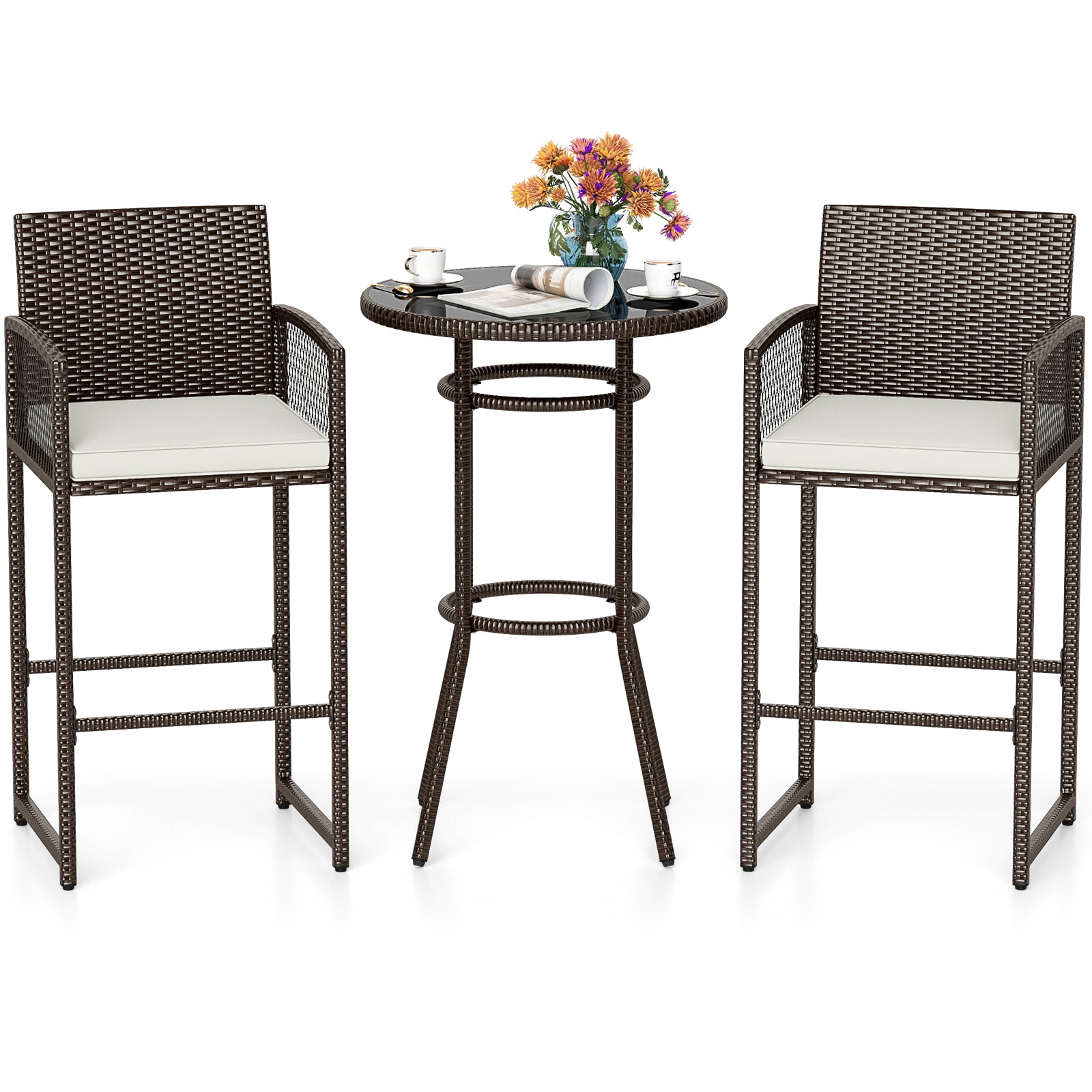 3 Piece Patio Bar Set, Wicker Bar Height Round Table And Armchairs, White Patio Bar Furniture at Gallery Canada