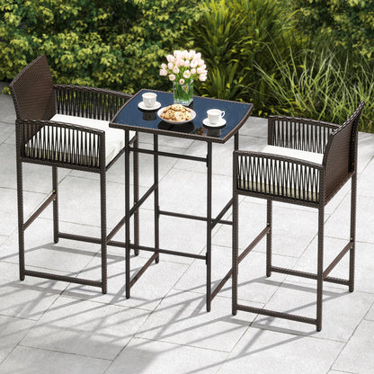 3 Piece Patio Bar Set Outdoor Wicker Bar Height Table and Armchairs with 2 Seat Cushions, White Patio Conversation Sets at Gallery Canada