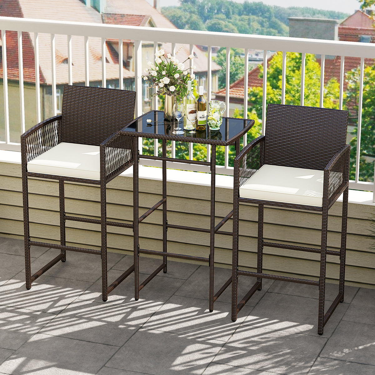 3 Piece Patio Bar Set Outdoor Wicker Bar Height Table and Armchairs with 2 Seat Cushions, White Patio Conversation Sets at Gallery Canada