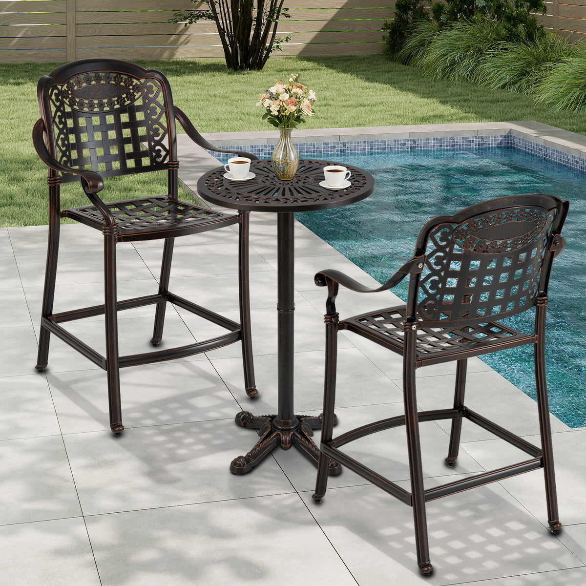 3 Piece Patio Bar Set Outdoor Cast Aluminum Round High Top Table 2 Counter Height Bar Stools Patio Bar Furniture at Gallery Canada
