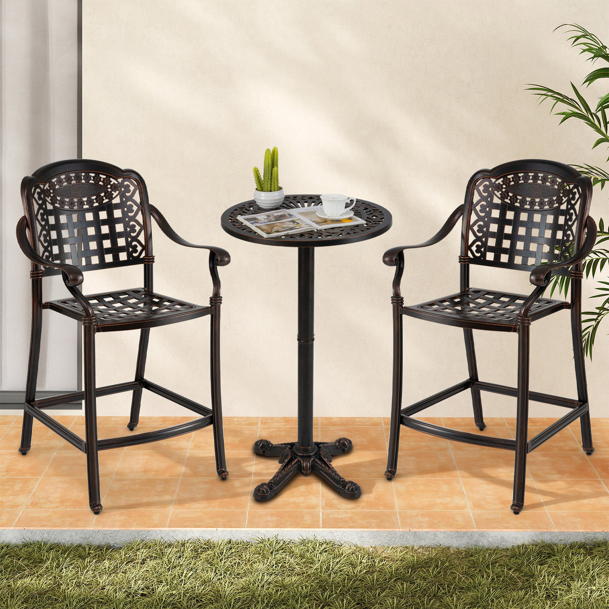 3 Piece Patio Bar Set Outdoor Cast Aluminum Round High Top Table 2 Counter Height Bar Stools Patio Bar Furniture at Gallery Canada