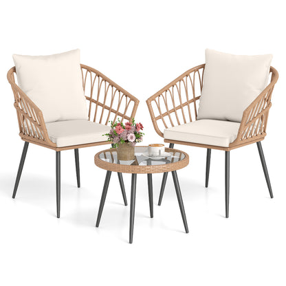 3 Piece Patio Bistro Set, PE Rattan Chairs, Tempered Glass Table, Natural Patio Conversation Sets Natural at Gallery Canada