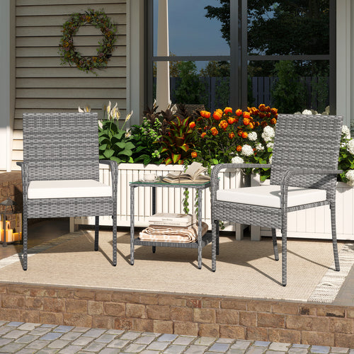 3 Piece Patio Set With Cushions, Tempered Glass Tabletop, White