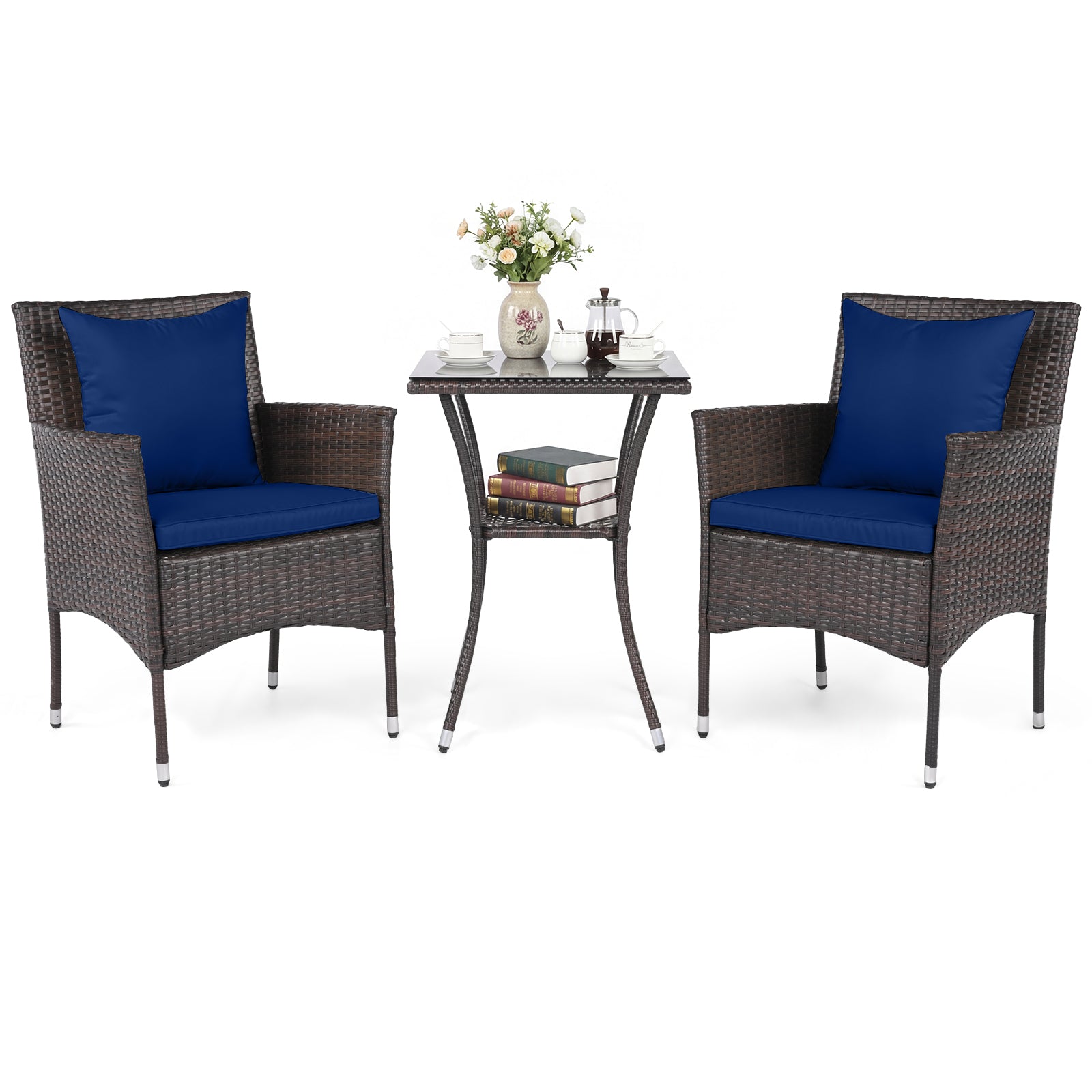 3-Piece Patio Set, Rattan Bistro Chairs, 2-Tier Tempered Glass Table, Navy Patio Conversation Sets at Gallery Canada