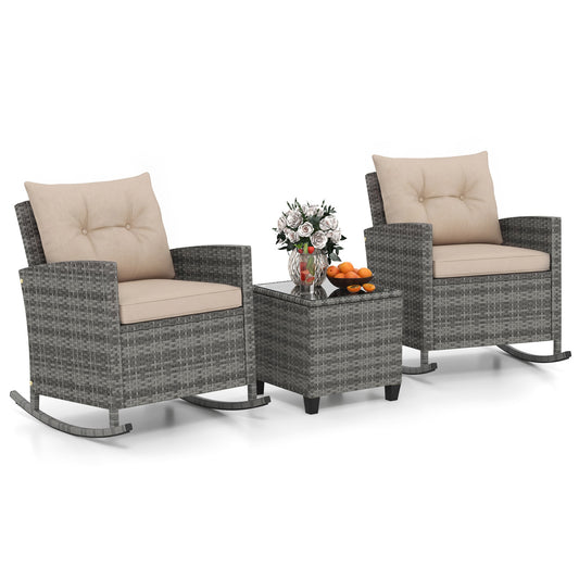 3-Piece Patio Rattan Rocker Chairs With Glass Table, Yellow