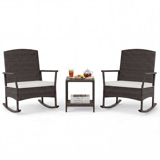 3 Piece Patio Rocking Set, Wicker Chairs, 2-Tier Coffee Table, Off White Patio Conversation Sets Off White at Gallery Canada