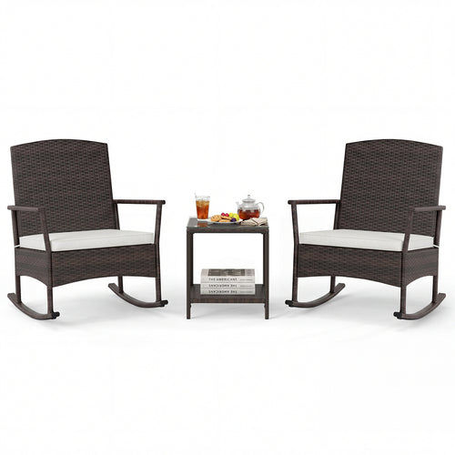 3 Piece Patio Rocking Set, Wicker Chairs, 2-Tier Coffee Table, Off White