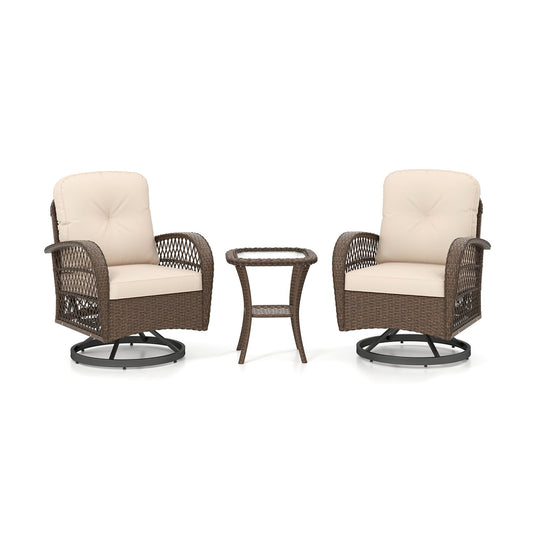 3 Piece Patio Swivel Rocker Set, Tempered Glass Table, Thick Cushions, Brown Patio Rocking Chairs & Gliders Brown at Gallery Canada