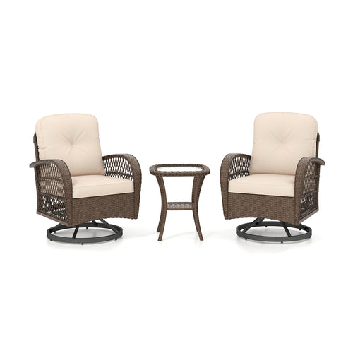 3 Piece Patio Swivel Rocker Set, Tempered Glass Table, Thick Cushions, Brown