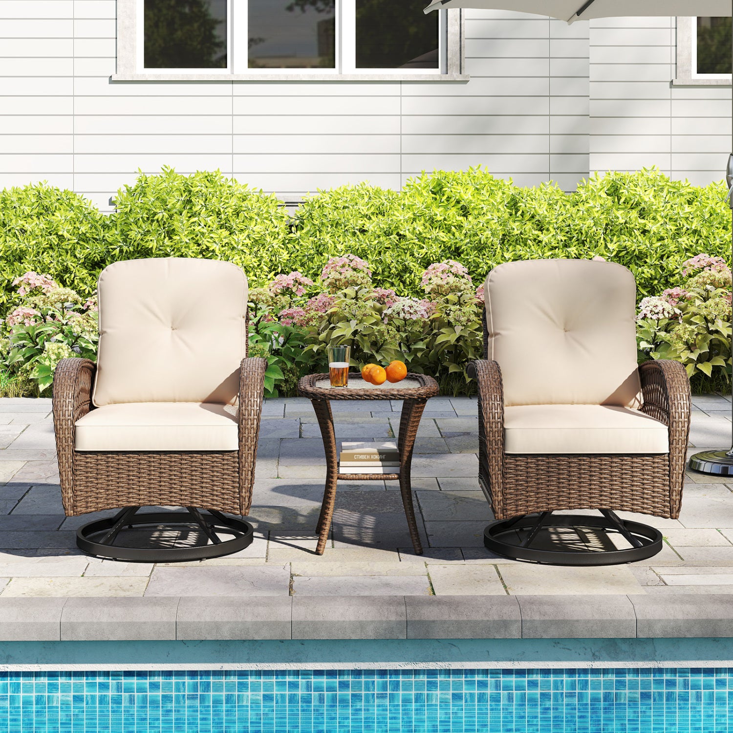 3 Piece Patio Swivel Rocker Set, Tempered Glass Table, Thick Cushions, Brown Patio Rocking Chairs & Gliders at Gallery Canada