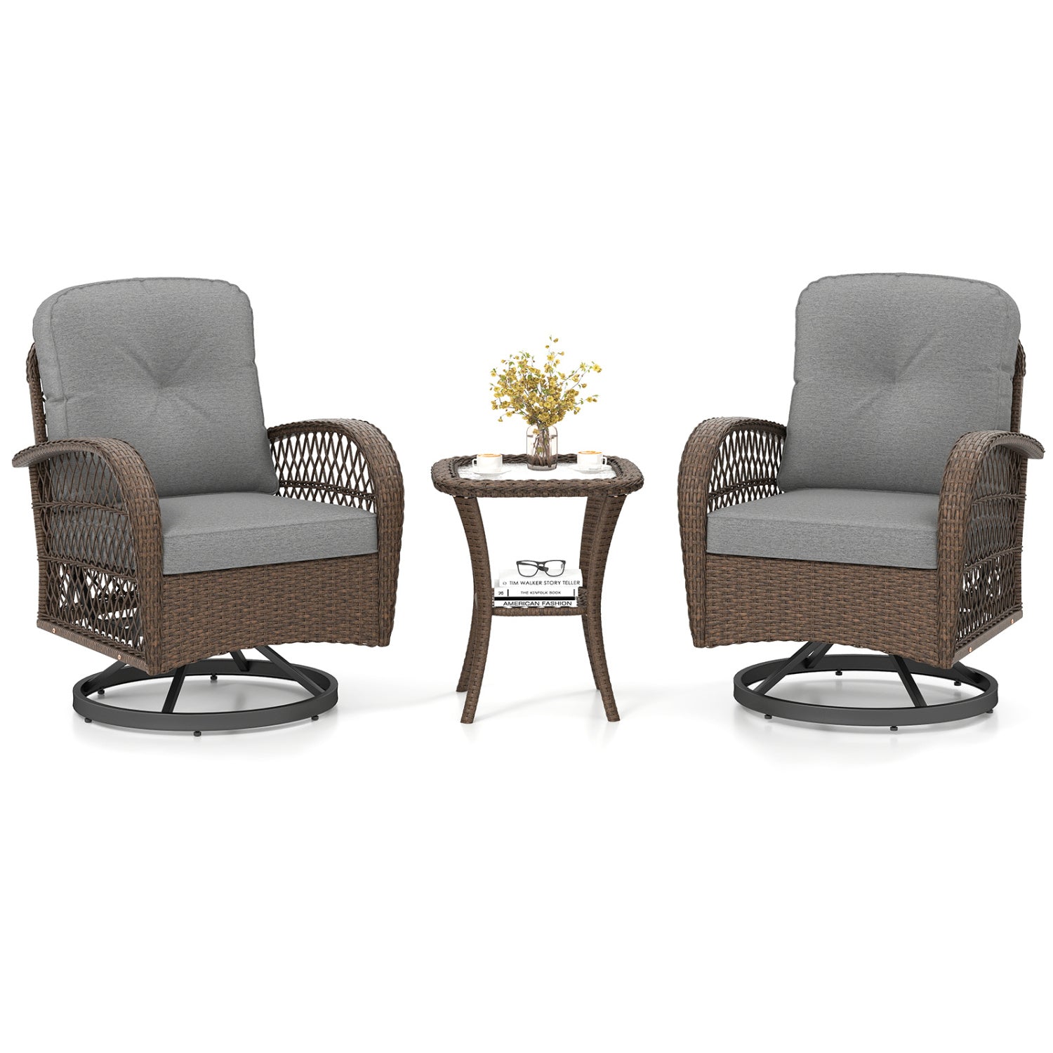 3 Piece Patio Swivel Rocker Set, With Glass Side Table, Gray Patio Rocking Chairs & Gliders at Gallery Canada