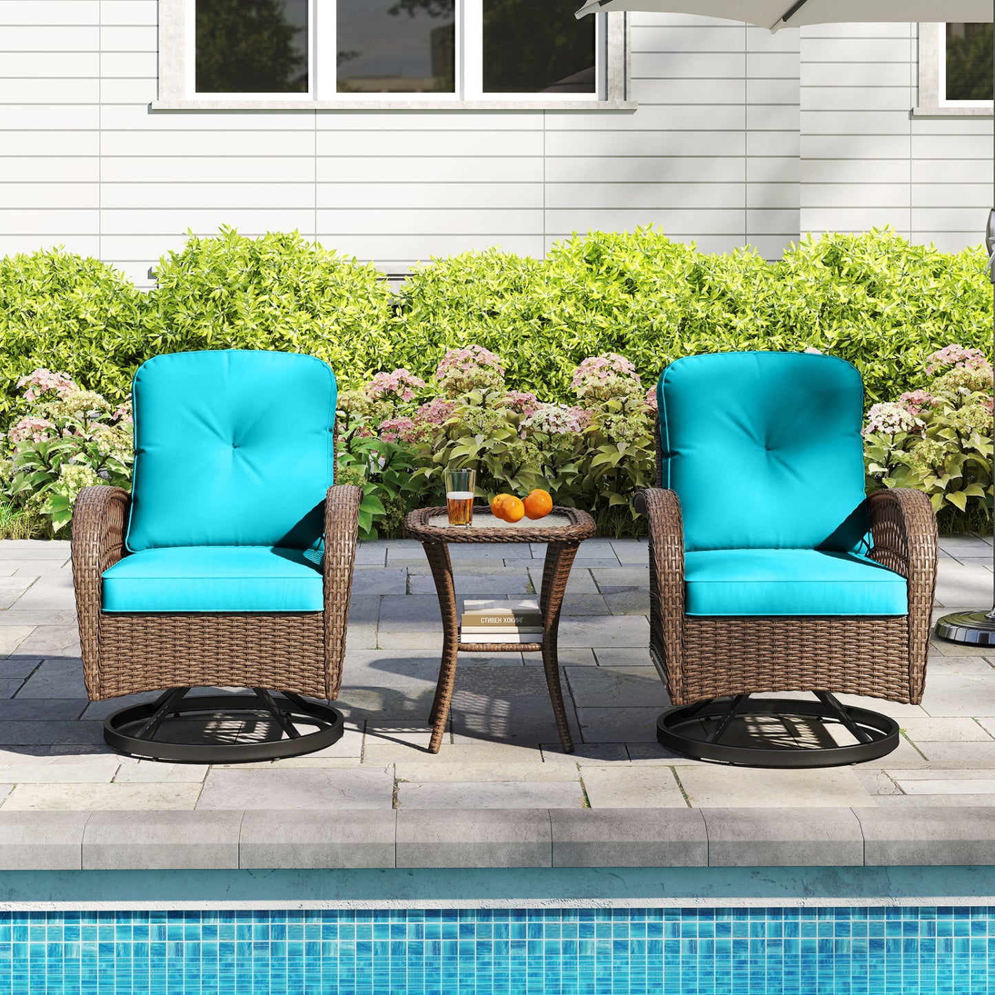 3 Piece Patio Swivel Rocker Set with Tempered Glass Side Table and Thick Cushions, Turquoise Patio Rocking Chairs & Gliders at Gallery Canada