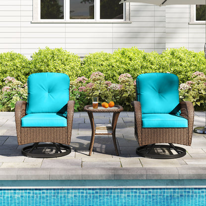 3 Piece Patio Swivel Rocker Set with Tempered Glass Side Table and Thick Cushions, Turquoise Patio Rocking Chairs & Gliders at Gallery Canada