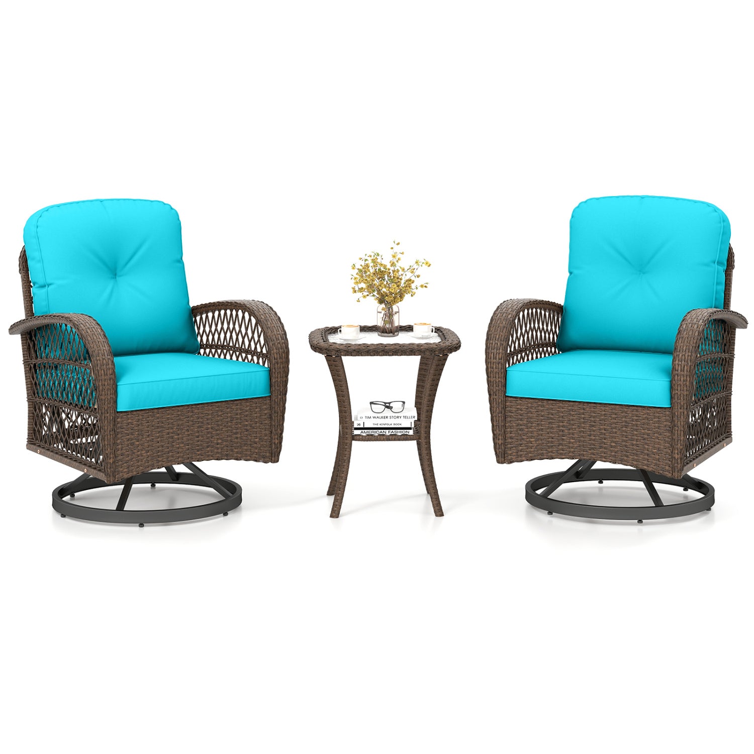 3 Piece Patio Swivel Rocker Set with Tempered Glass Side Table and Thick Cushions, Turquoise Patio Rocking Chairs & Gliders at Gallery Canada