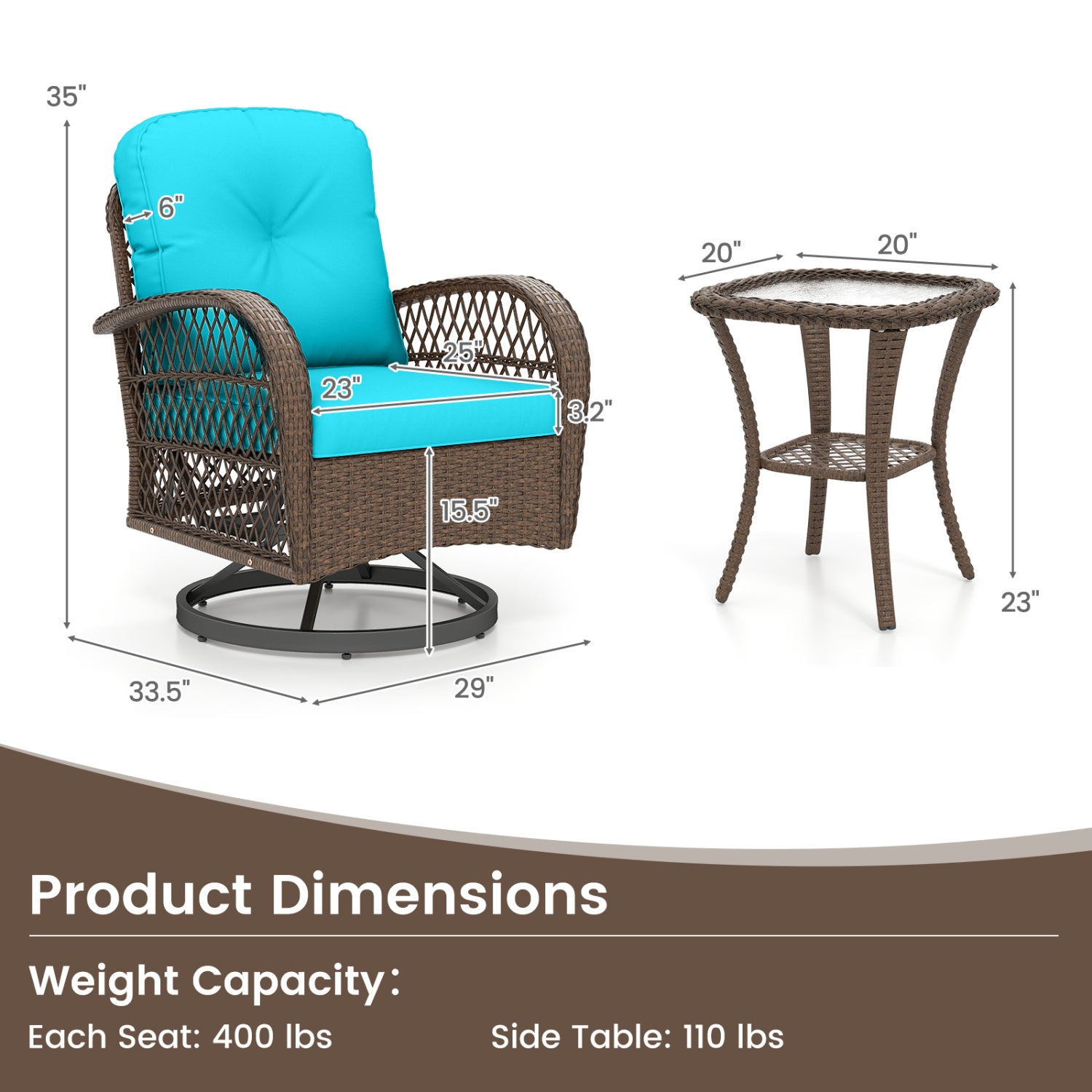 3 Piece Patio Swivel Rocker Set with Tempered Glass Side Table and Thick Cushions, Turquoise Patio Rocking Chairs & Gliders at Gallery Canada