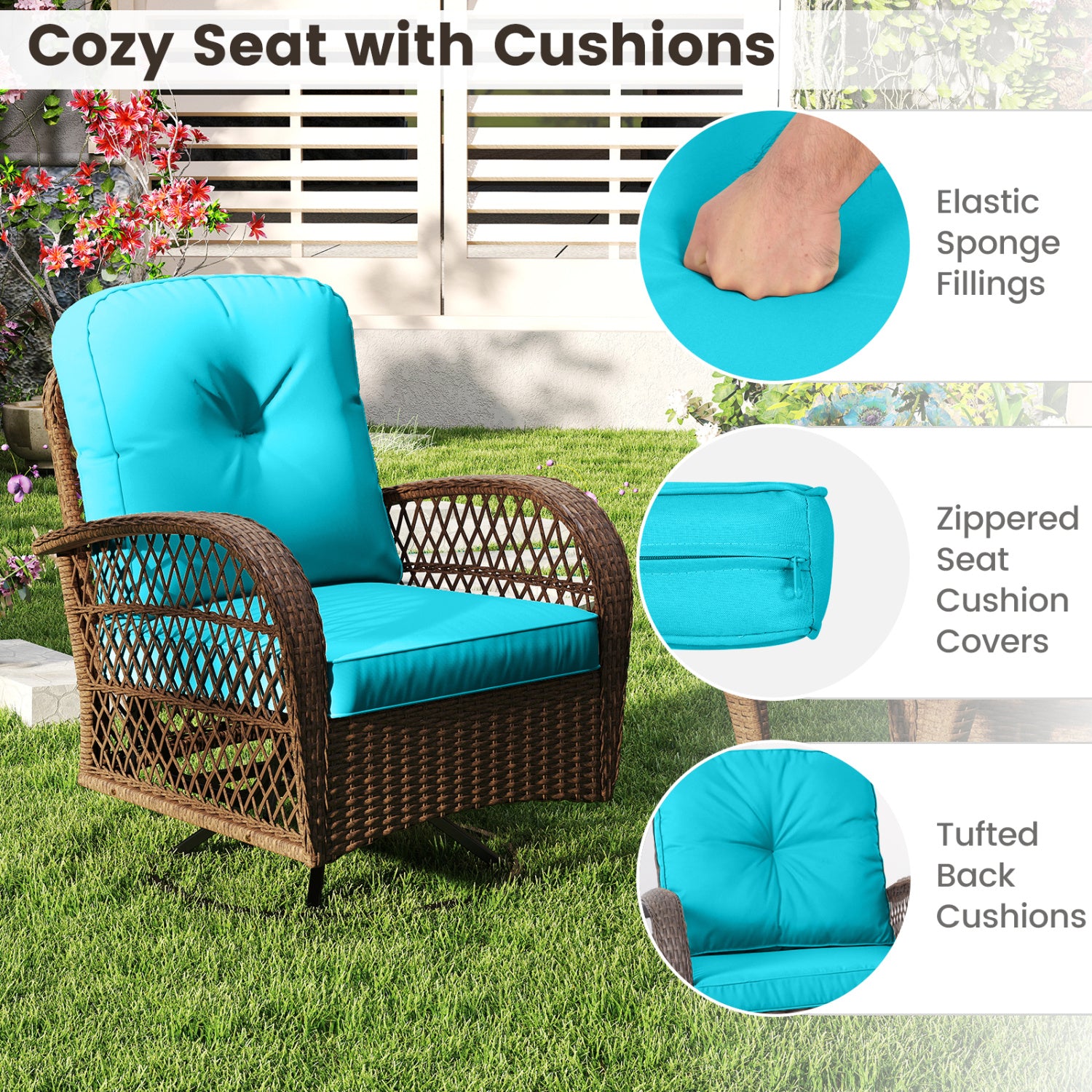 3 Piece Patio Swivel Rocker Set with Tempered Glass Side Table and Thick Cushions, Turquoise Patio Rocking Chairs & Gliders at Gallery Canada
