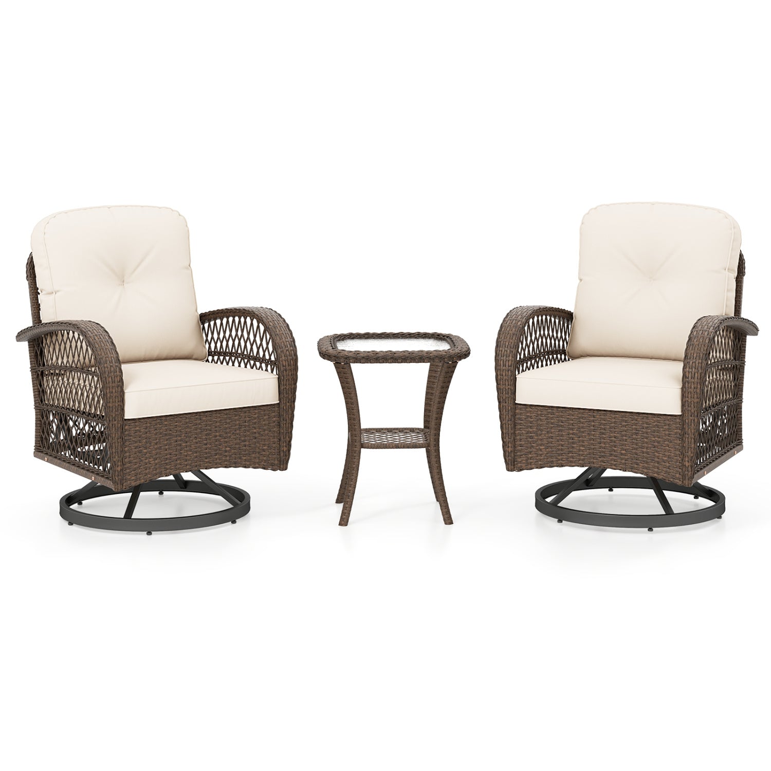 3 Piece Patio Swivel Rocker Set with Tempered Glass Side Table and Thick Cushions, White Patio Rocking Chairs & Gliders White at Gallery Canada