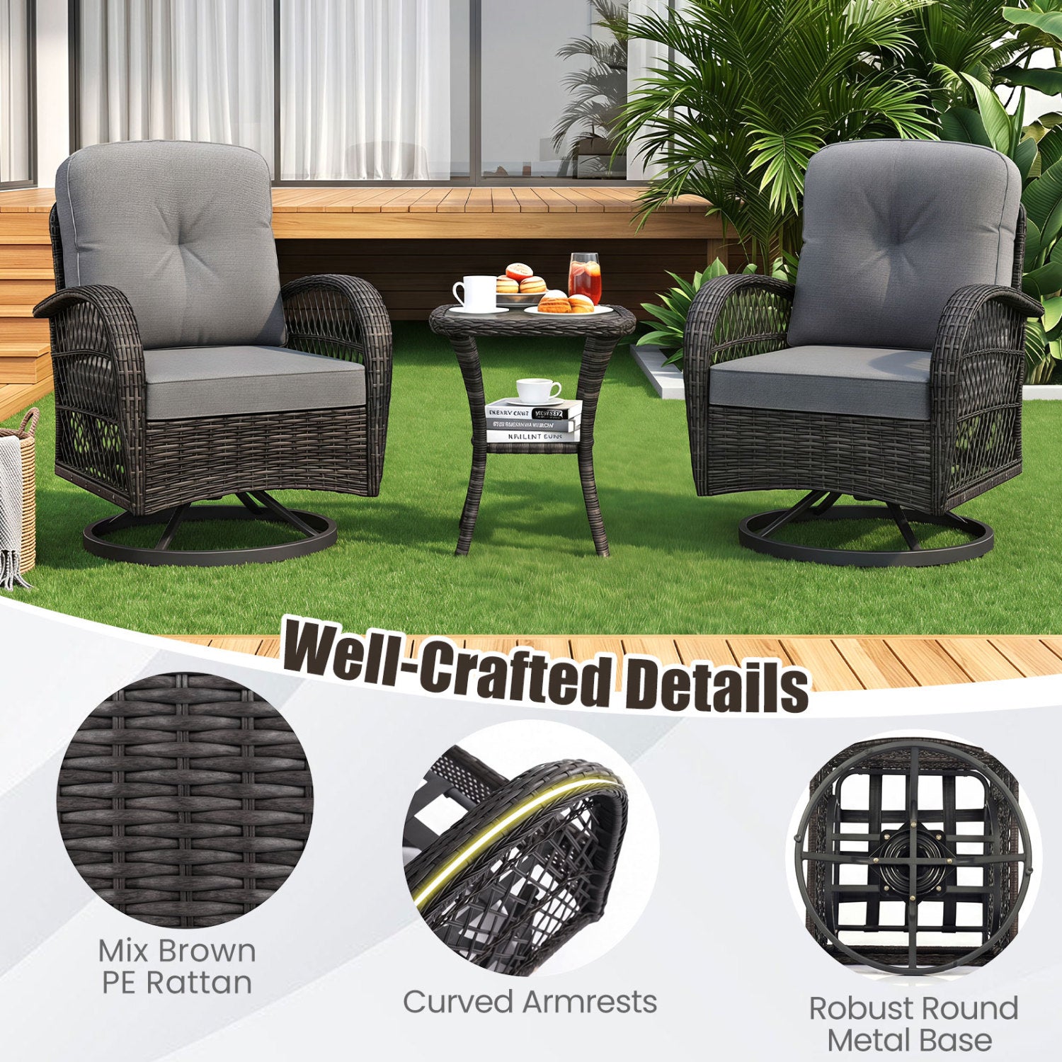 3 Piece Patio Swivel Rocker Set, Dark Gray Patio Rocking Chairs & Gliders at Gallery Canada