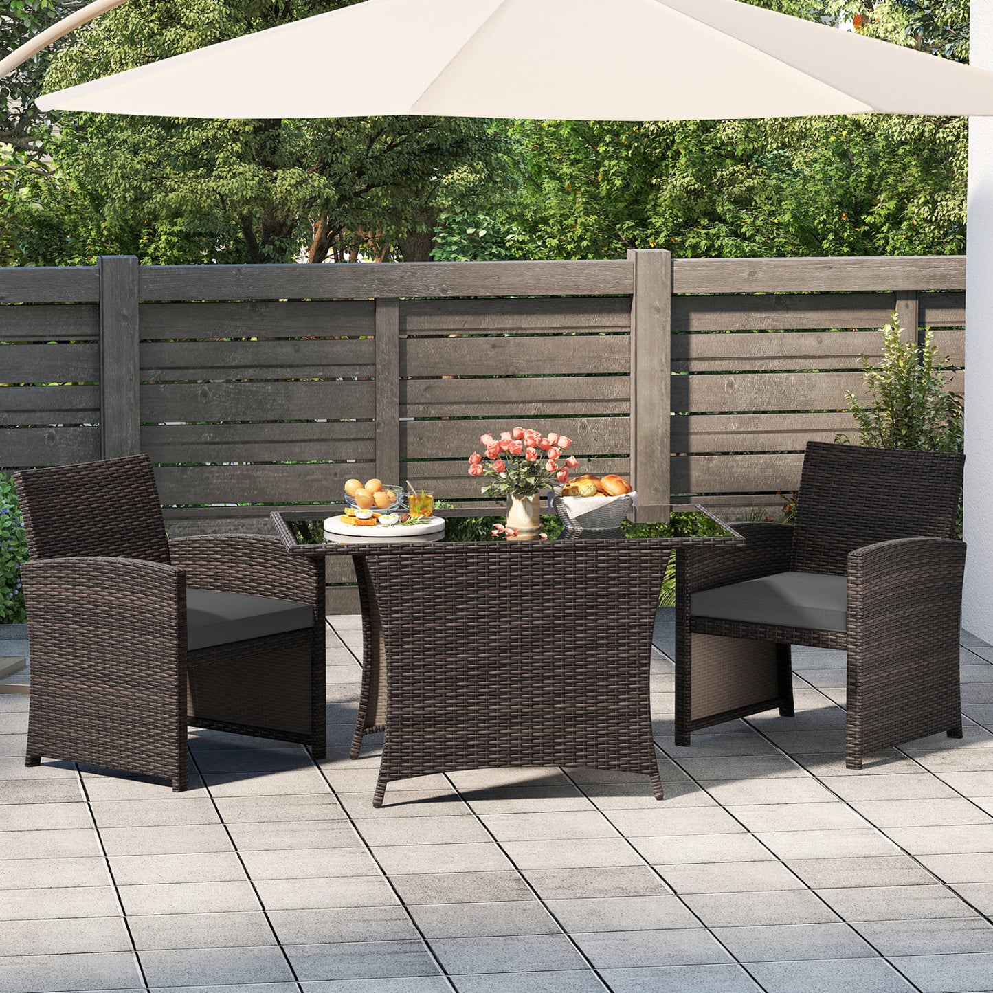 3 Piece Patio Wicker Dining Set, Glass Table, Gray