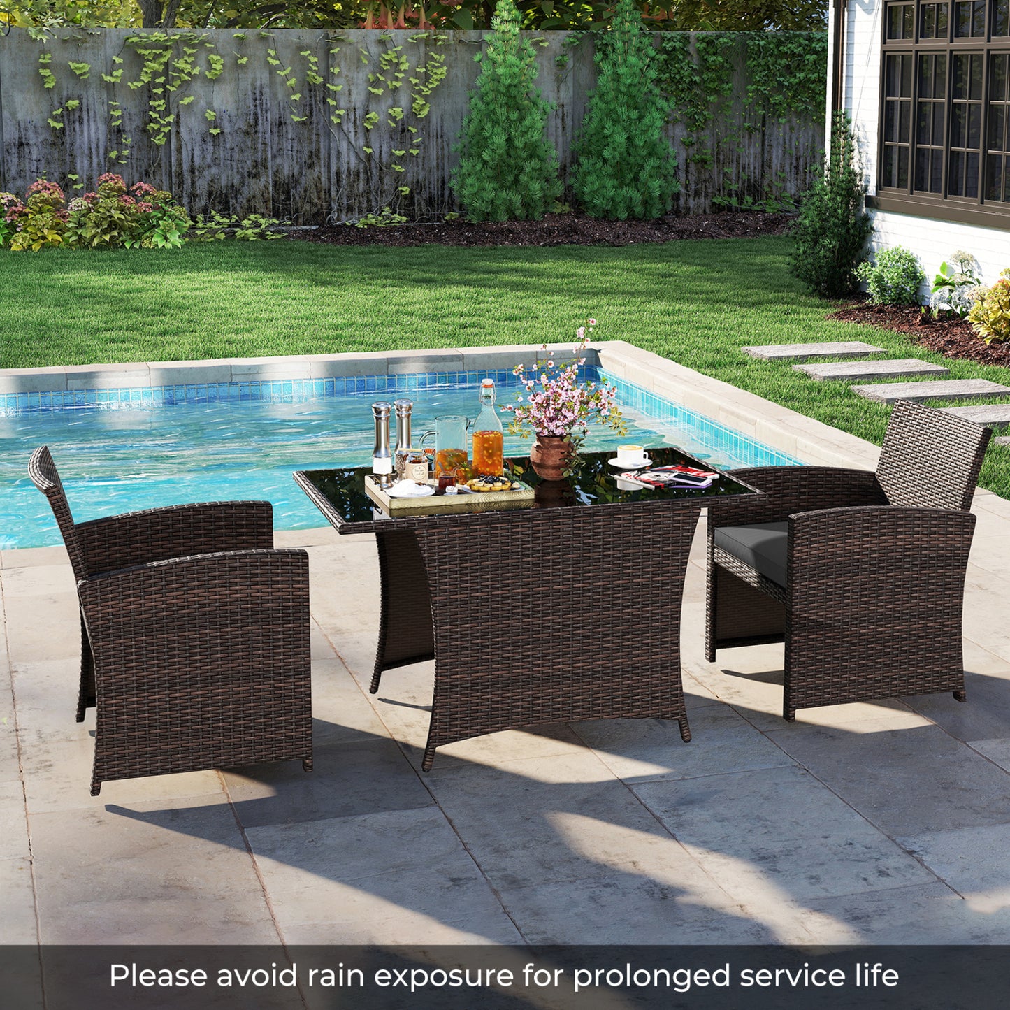 3 Piece Patio Wicker Dining Set, Glass Table, Gray