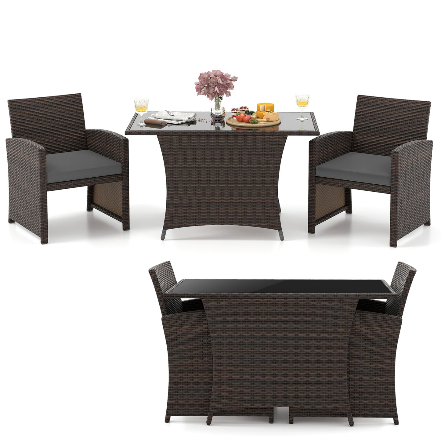 3 Piece Patio Wicker Dining Set, Glass Table, Gray