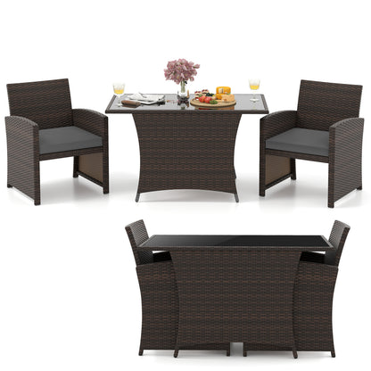 3 Piece Patio Wicker Dining Set, Glass Table, Gray