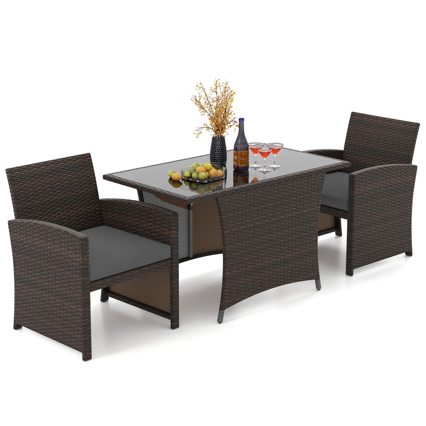 3 Piece Patio Wicker Dining Set, Glass Table, Gray