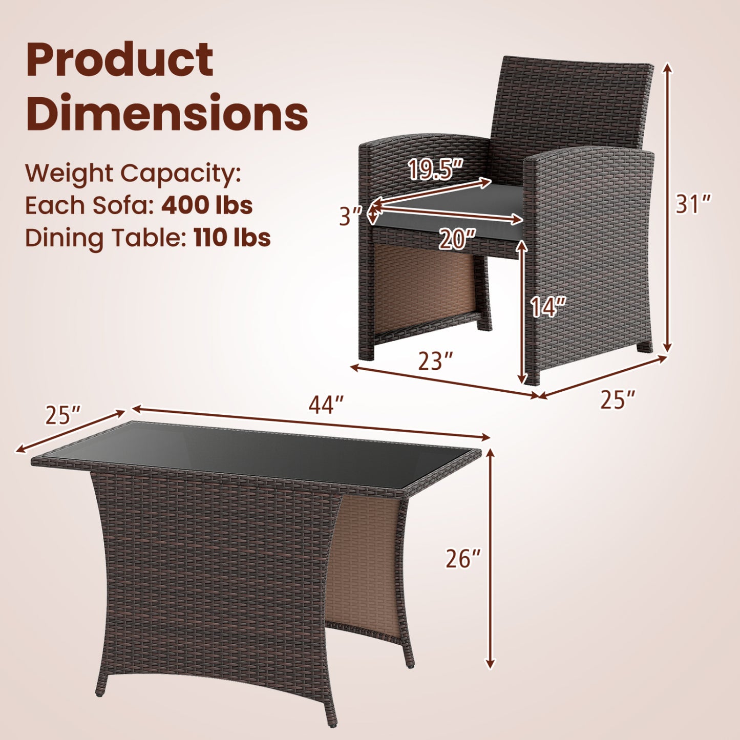 3 Piece Patio Wicker Dining Set, Glass Table, Gray